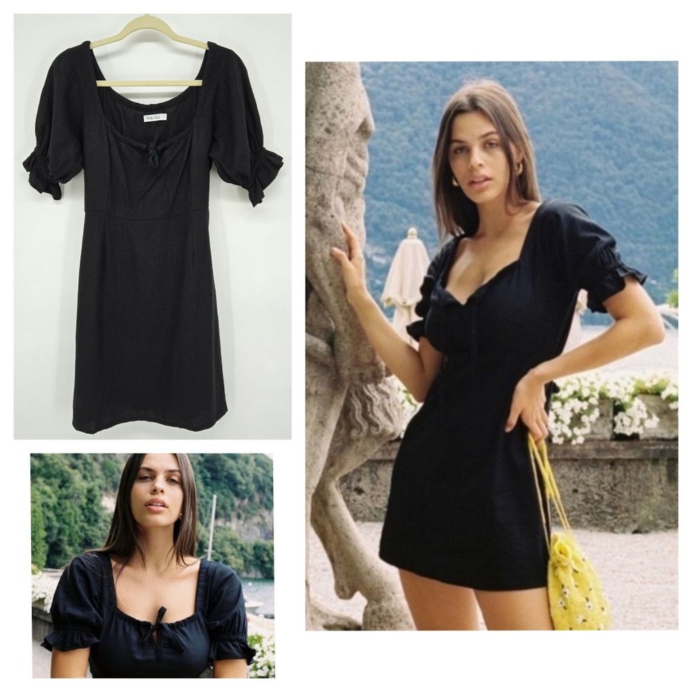 With Jean Black Linen Juliette Mini Dress with Puff Sleeves LBD Women's Size 8